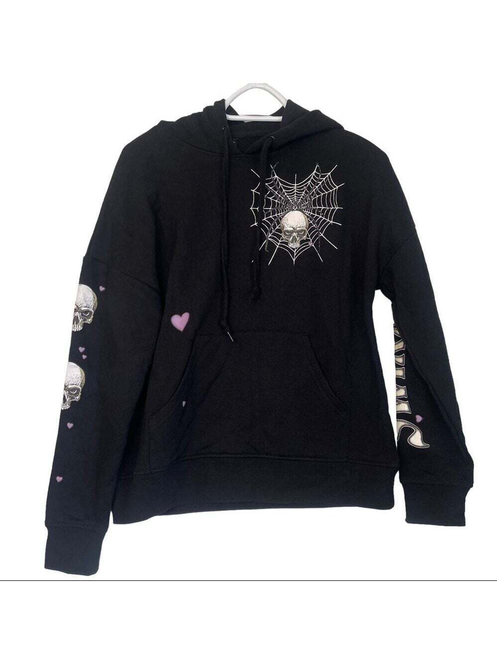 Skull Spiderwebs Hooded Kangaroo Pouch Black Pullover Sweatshirt Size XS
